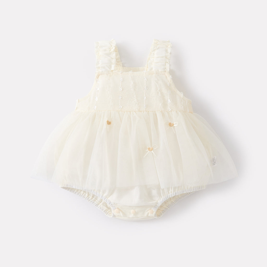 Cute Bowknot Strap Romper for Baby Girls, Lightweight Casual All-Match Heart-shaped Vest Dress