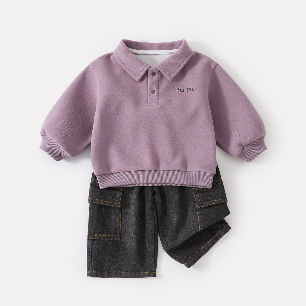 Turn-Down Collar Polo Knit Sweatshirt and Stylish Cargo Jeans Two-Piece Set for Boys