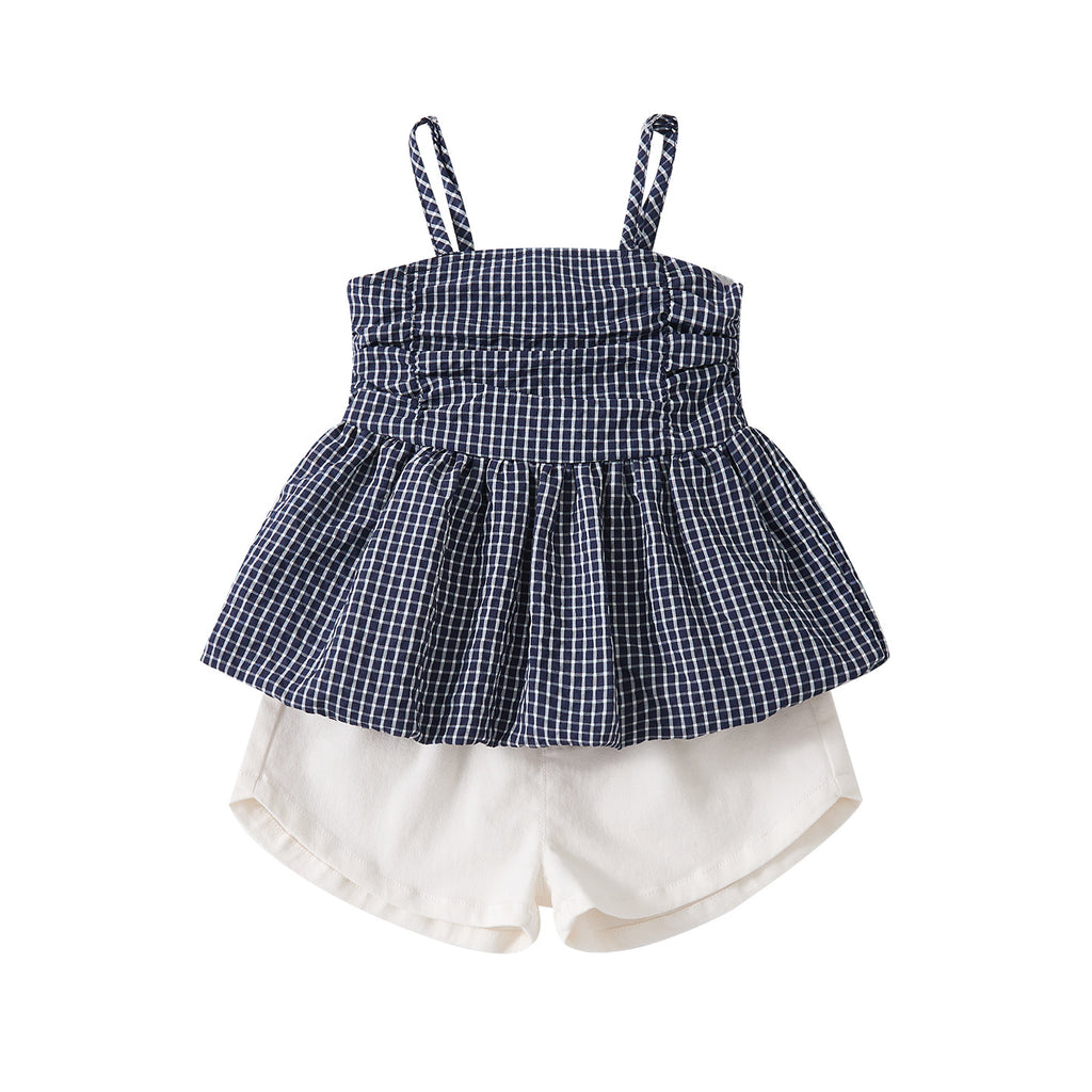 Sweet Checkered Strap Top and Casual Simple Shorts Two-Piece Set for Baby Girls