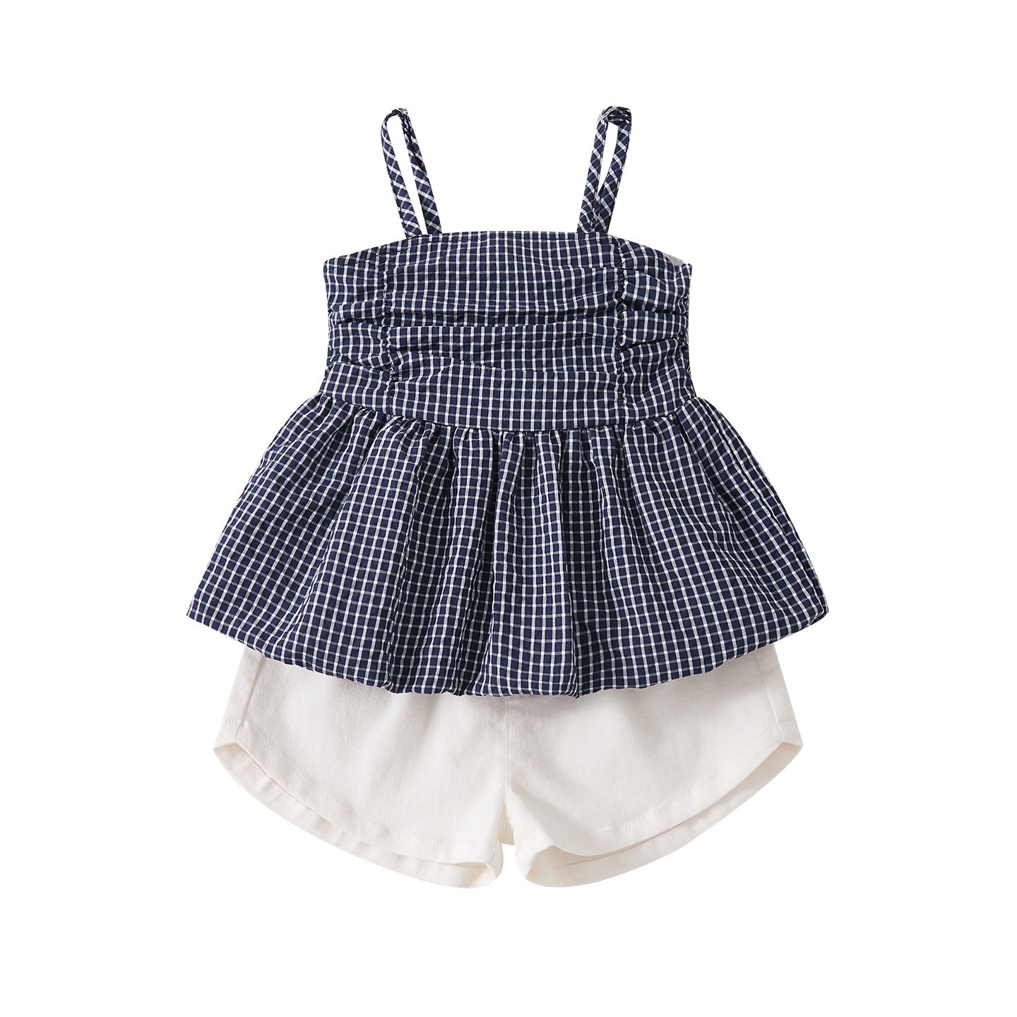 Sweet Checkered Strap Top and Casual Simple Shorts Two-Piece Set for Baby Girls