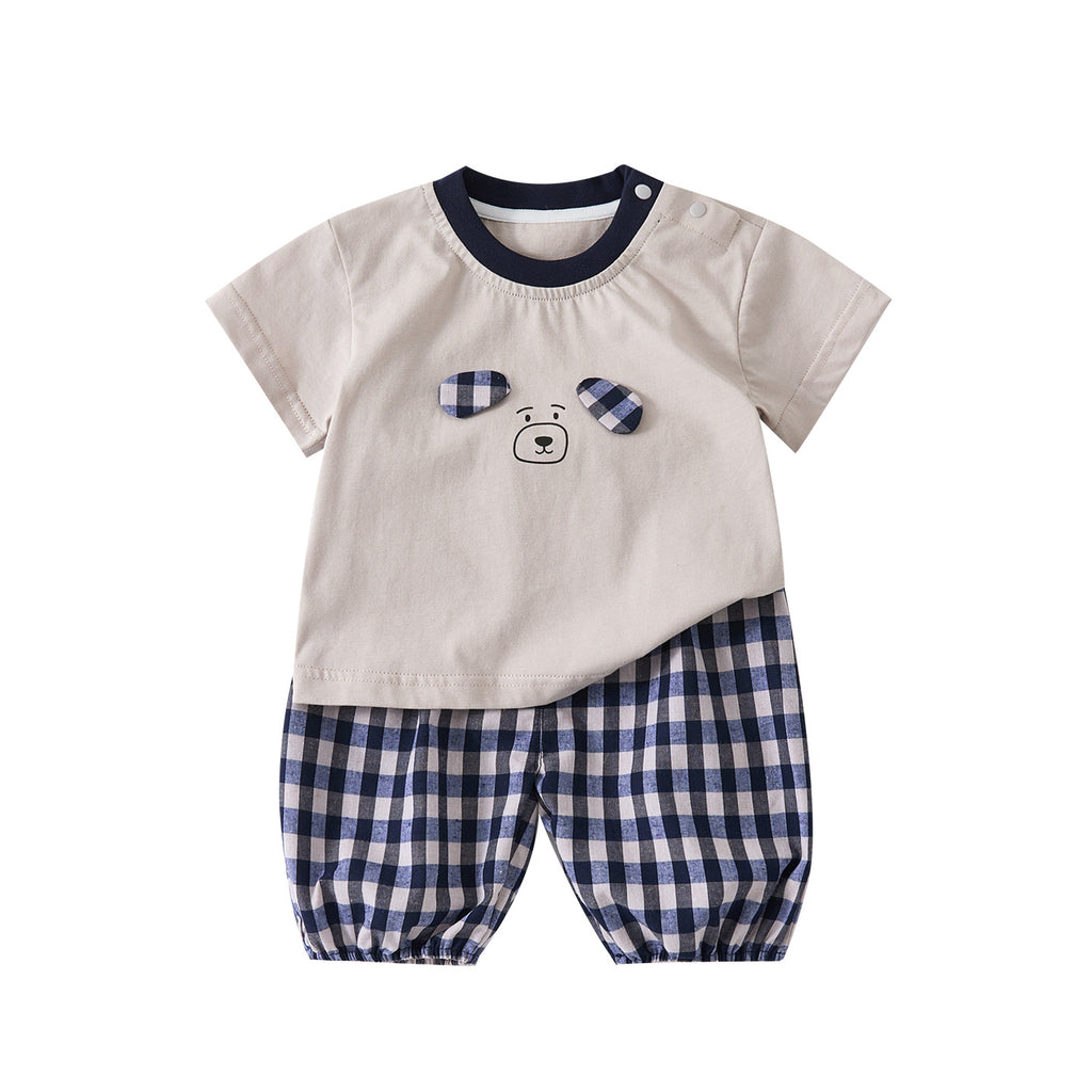 Color-Block Collar Cartoon Dog Short Sleeve Baby Lightweight Cuffed Checkered Pants Stylish Two-Piece Set