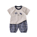 Color-Block Collar Cartoon Dog Short Sleeve Baby Lightweight Cuffed Checkered Pants Stylish Two-Piece Set