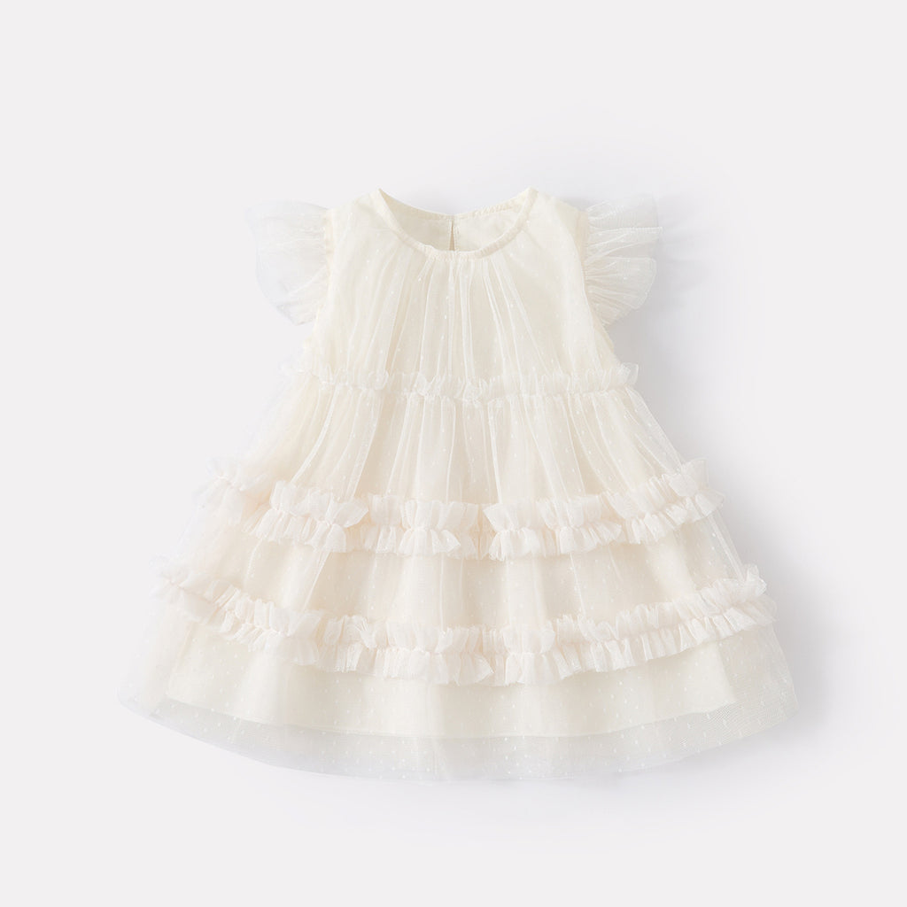 Layered Tulle Dress with Flutter Sleeves for Girls, Simple and Sweet Sleeveless Summer Dress, Breathable and Lightweight