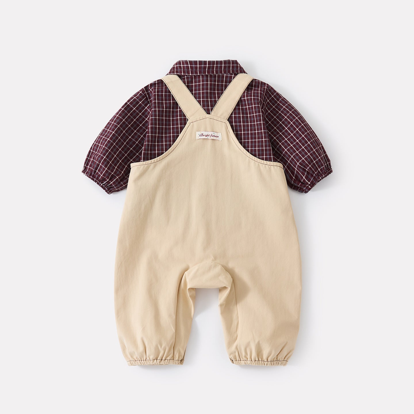 Casual Simple Plaid Shirt Baby Open Crotch Elastic Cuff Overalls Two-Piece Set