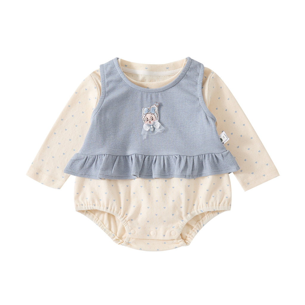 Cute Cartoon Strap Baby Girl  Long Sleeve Snap Diaper Set with Heart Print Two-Piece Outfit