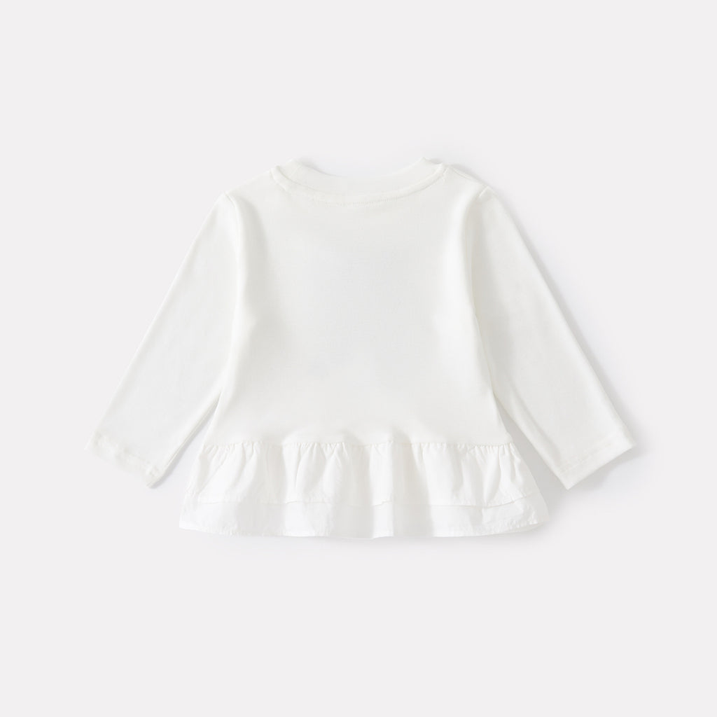 Cartoon Print Long Sleeve T-Shirt with Polka Dot Ruffled Straight Pants Two-Piece Set