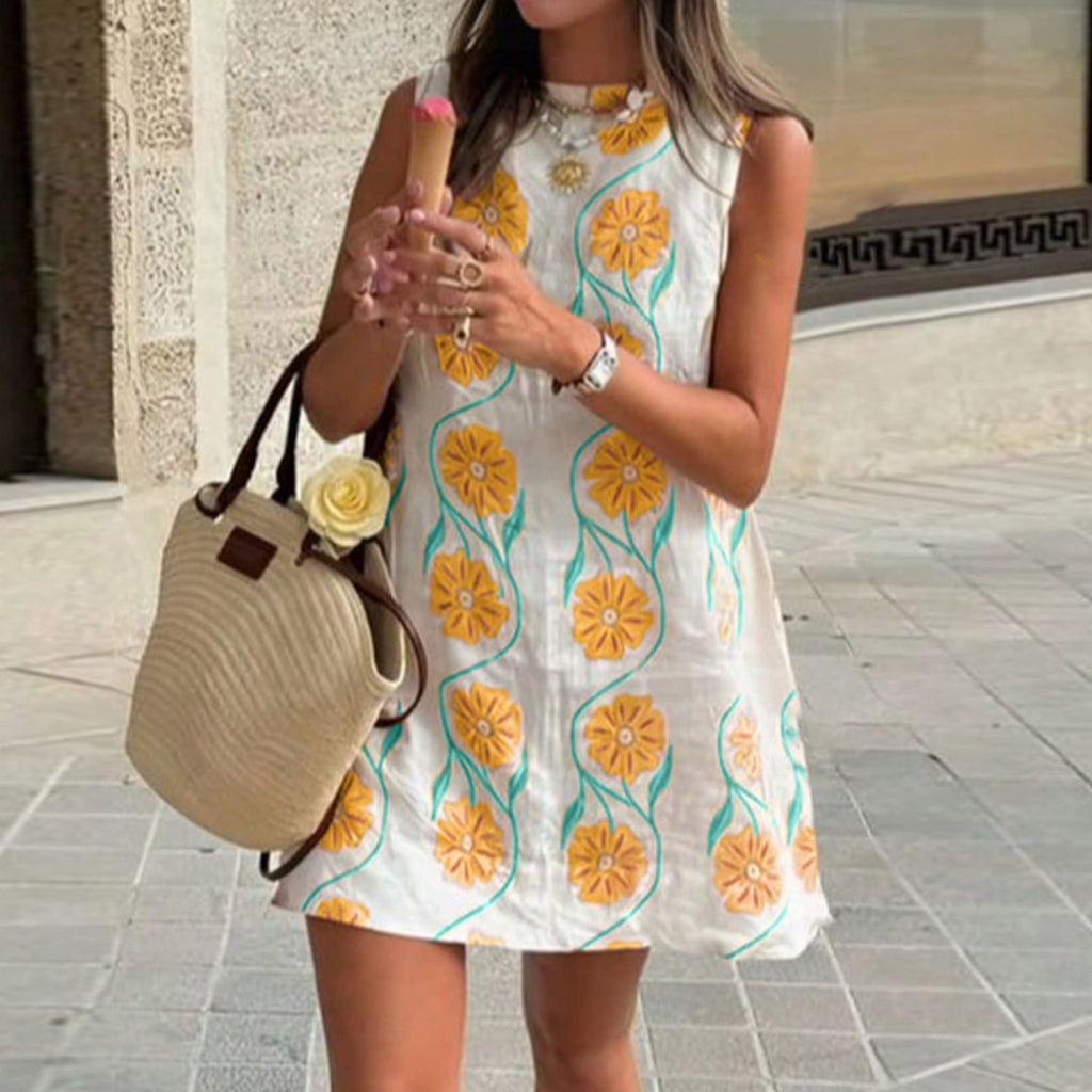 Fashionable Pink Floral Round Neck Sleeveless Vest Dress for Women Casual Summer Style