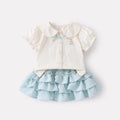 Infant Butterfly Bow Peter Pan Collar Cartoon Shirt and Checkered Cake Skirt Two-Piece Set