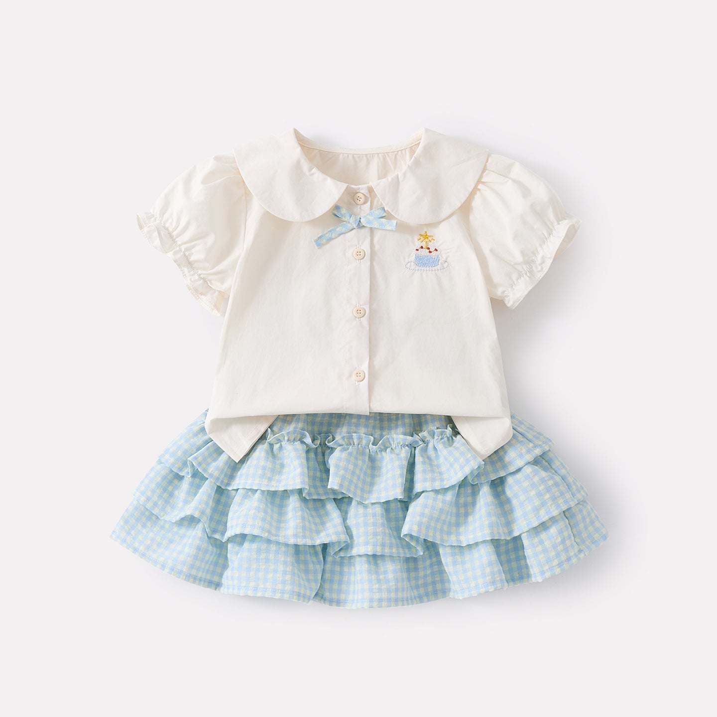 Infant Butterfly Bow Peter Pan Collar Cartoon Shirt and Checkered Cake Skirt Two-Piece Set