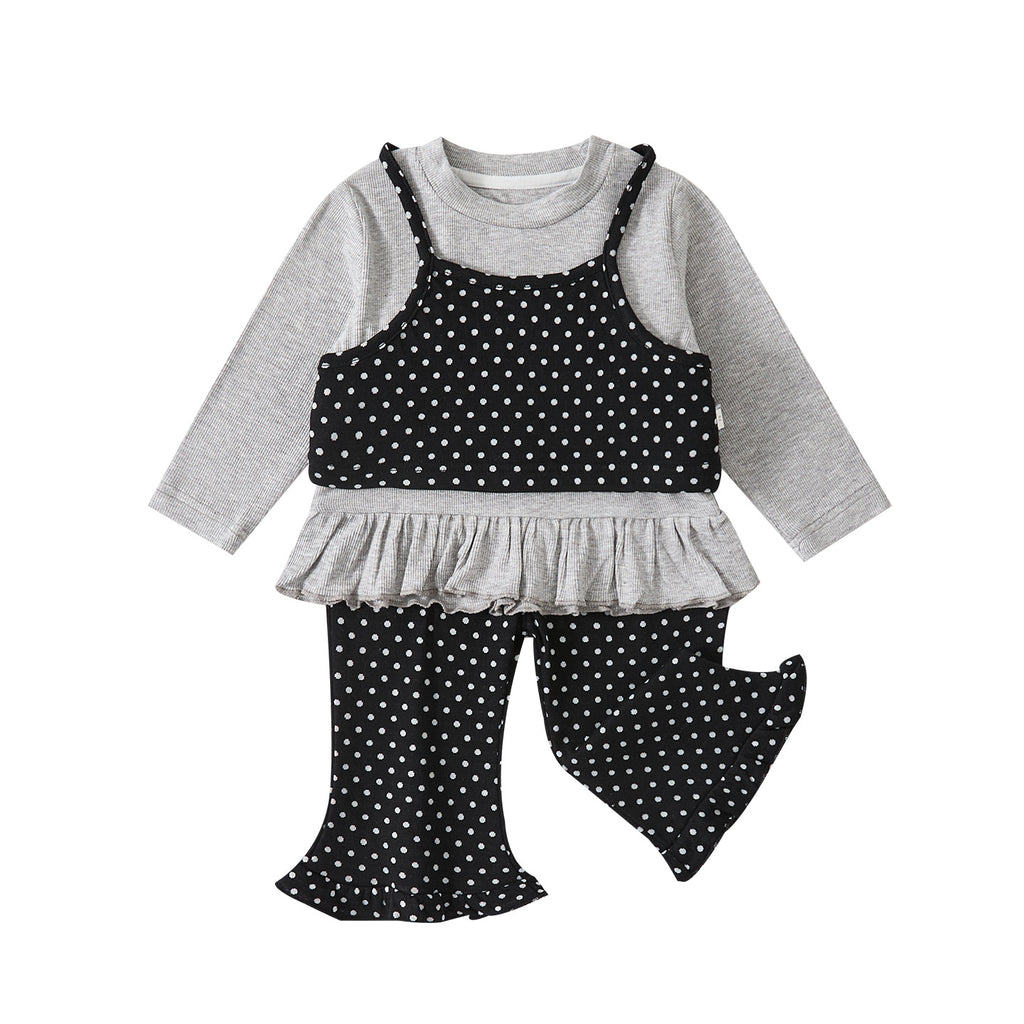 False Two-Piece Polka Dot Top with Ruffled Trim, Slim Fit Flared Pants Set for Baby Girls