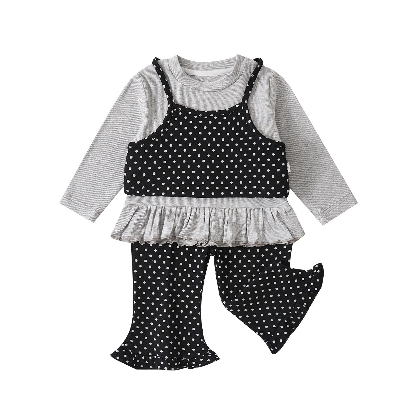 False Two-Piece Polka Dot Top with Ruffled Trim, Slim Fit Flared Pants Set for Baby Girls