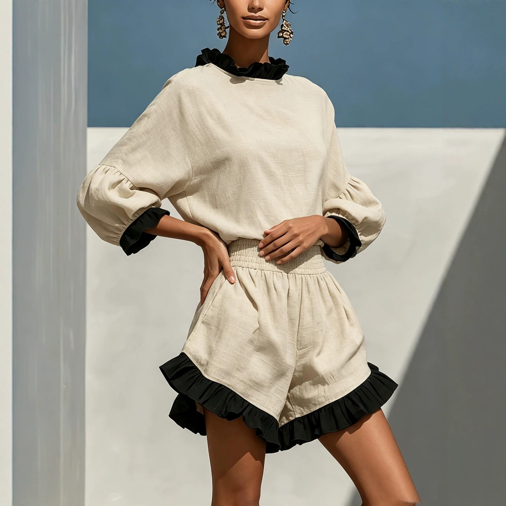 Ruffled Linen Two-piece Set Round Neck Lantern Sleeve Top with High Waist Pocket Shorts