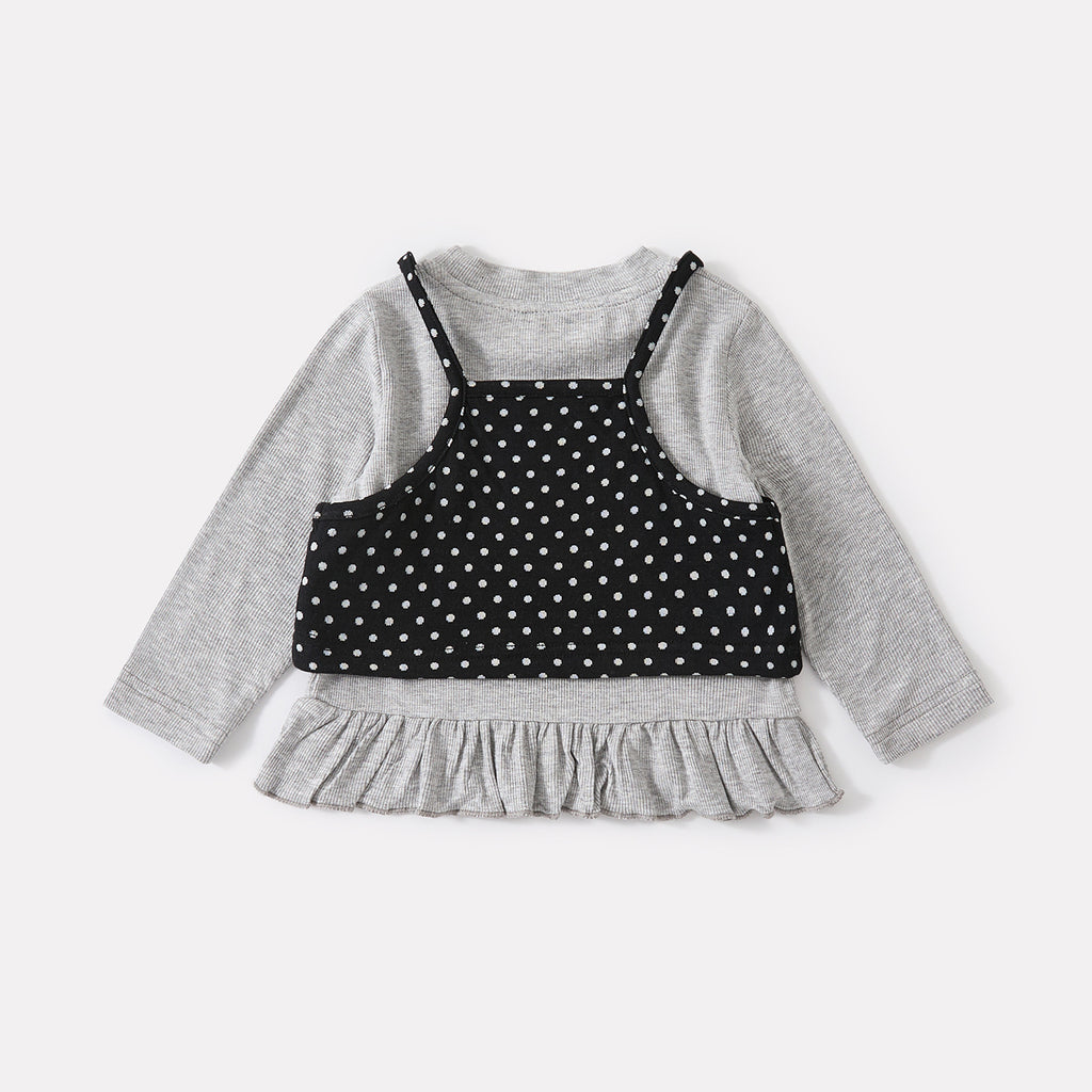 False Two-Piece Polka Dot Top with Ruffled Trim, Slim Fit Flared Pants Set for Baby Girls