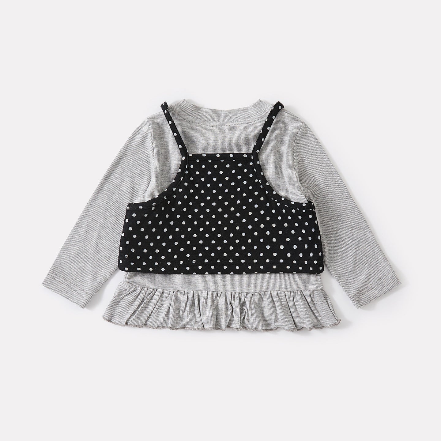 False Two-Piece Polka Dot Top with Ruffled Trim, Slim Fit Flared Pants Set for Baby Girls