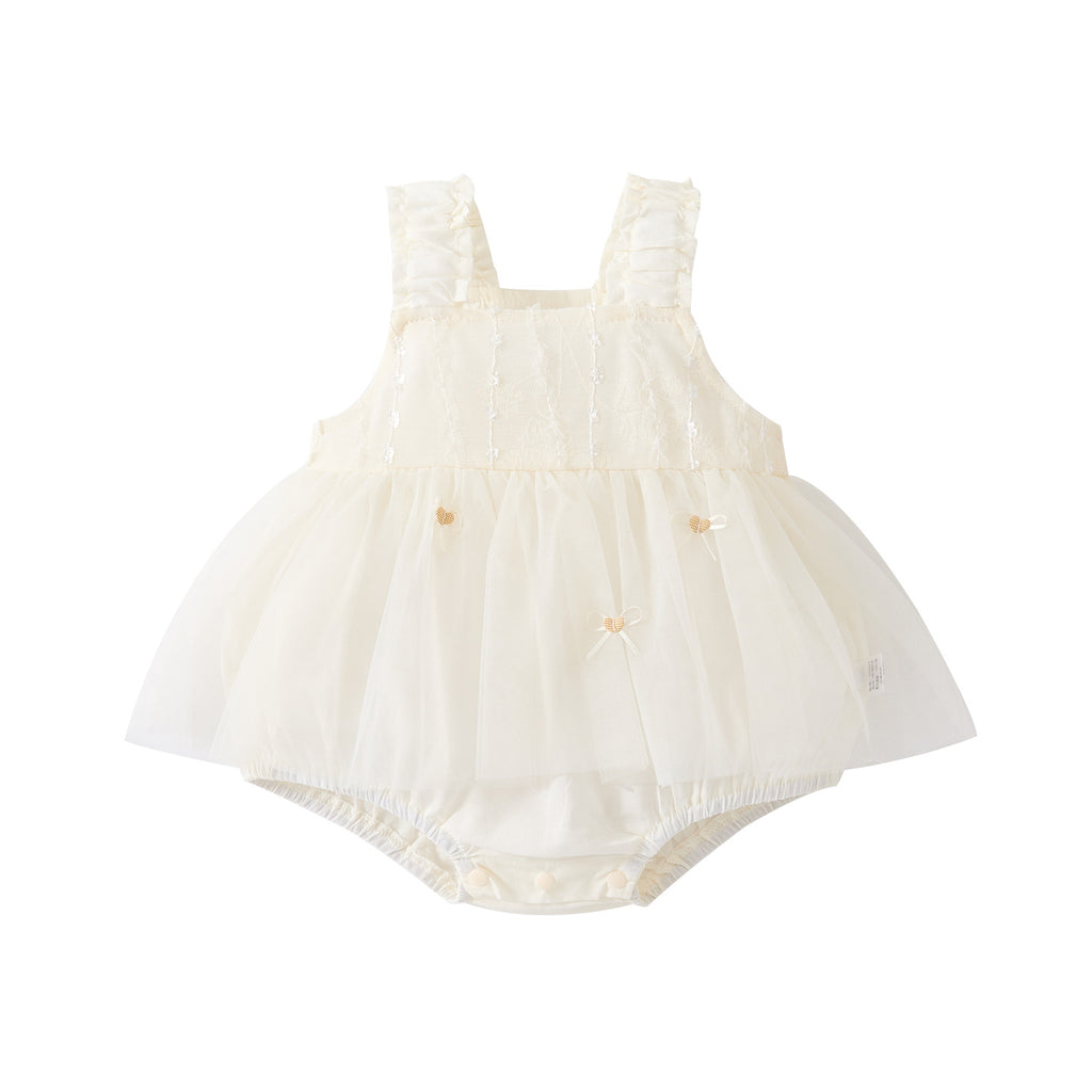 Cute Bowknot Strap Romper for Baby Girls, Lightweight Casual All-Match Heart-shaped Vest Dress