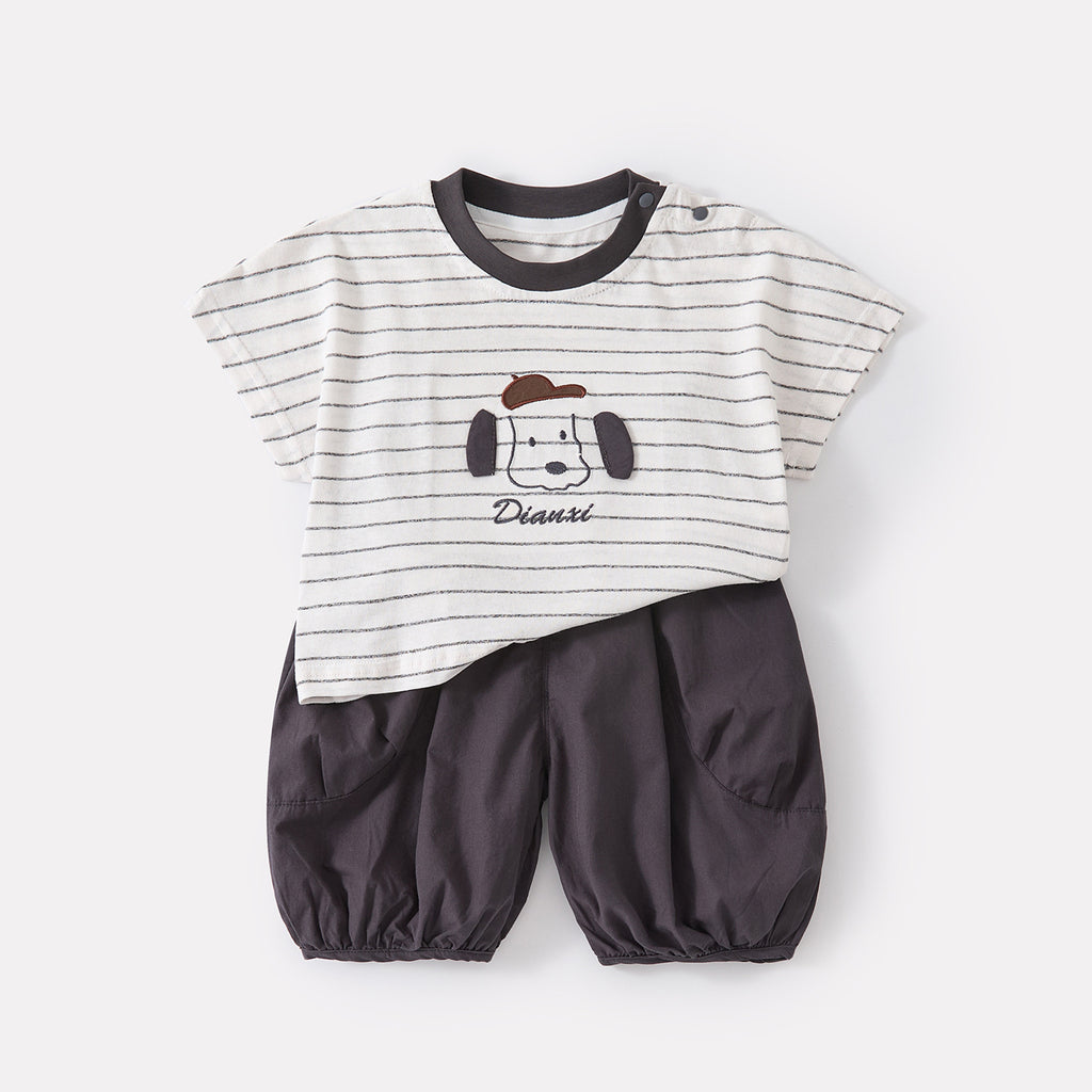 Cartoon Embroidered Stripe Short Sleeve Outfit with Breathable Mosquito-Resistant Pants, Stylish Two-Piece Set