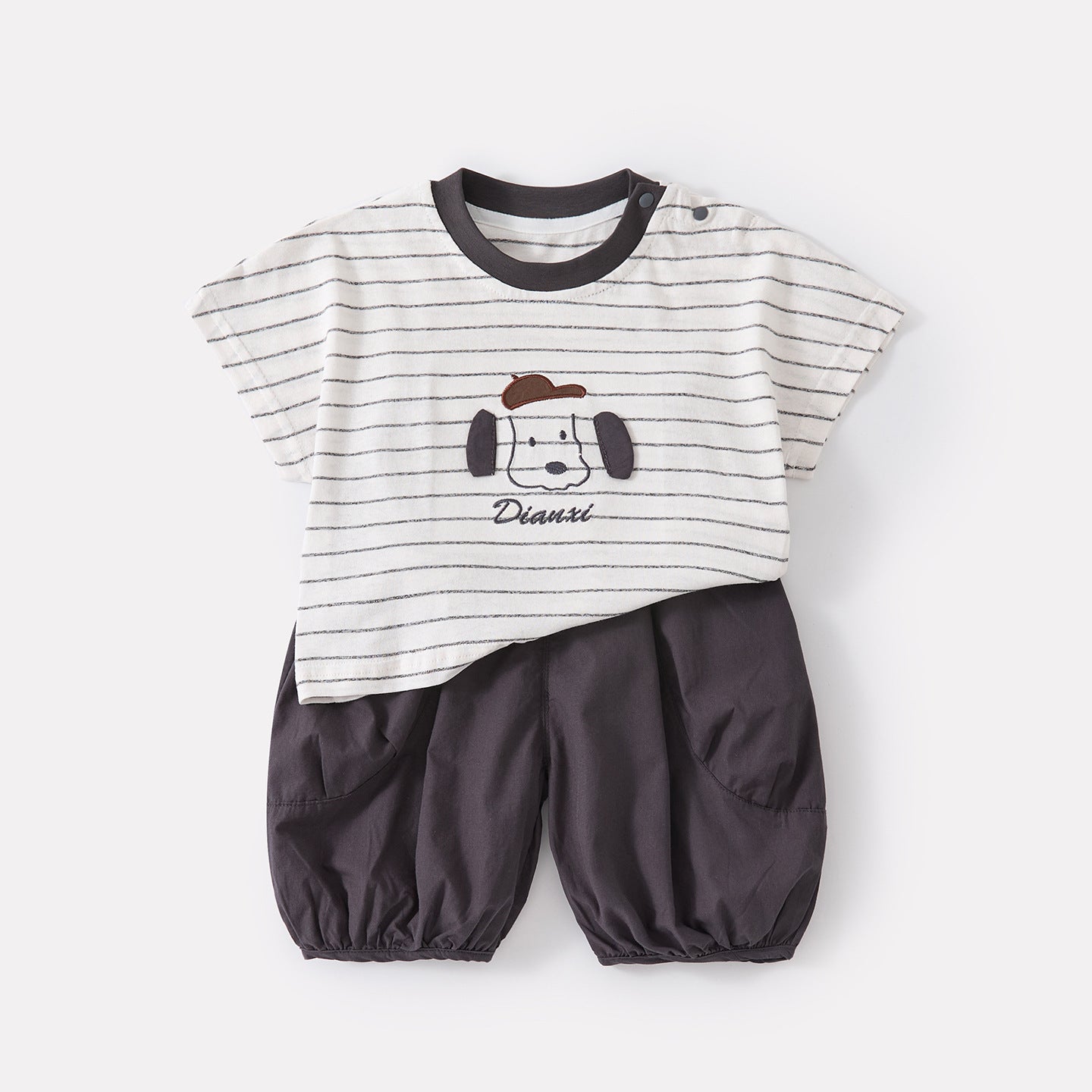Cartoon Embroidered Stripe Short Sleeve Outfit with Breathable Mosquito-Resistant Pants, Stylish Two-Piece Set