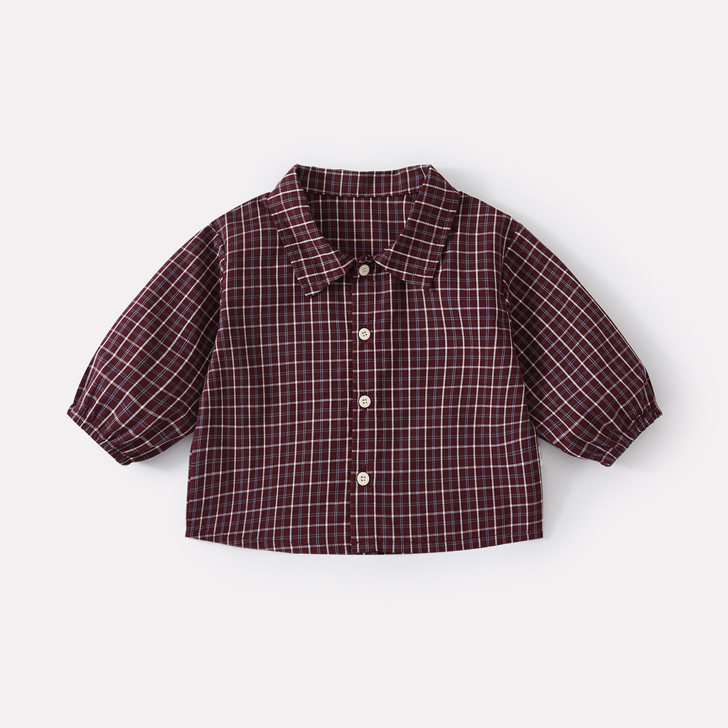 Casual Simple Plaid Shirt Baby Open Crotch Elastic Cuff Overalls Two-Piece Set
