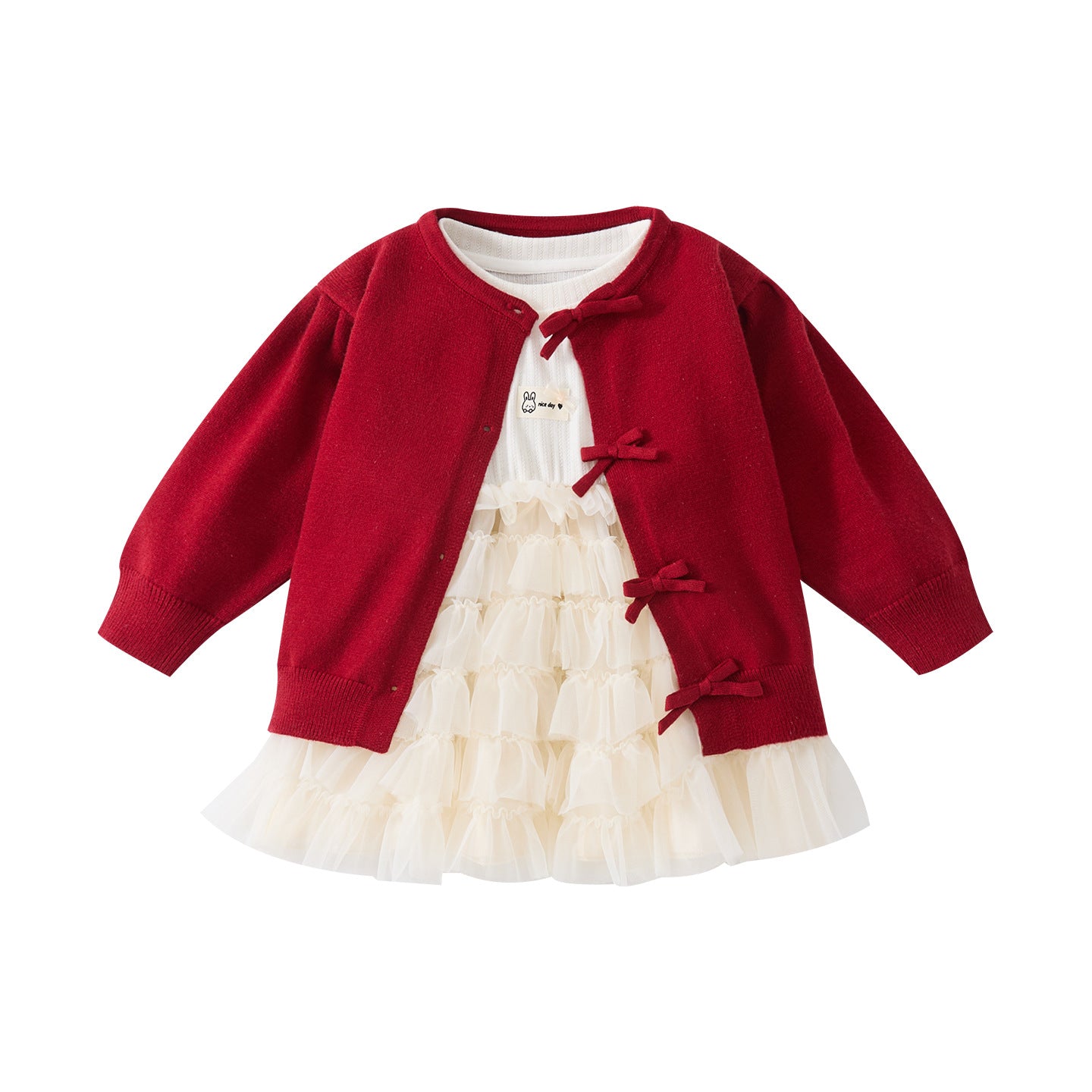 Tulle Long Sleeve Cake Dress for Baby Girls Knit Cardigan Two-Piece Set