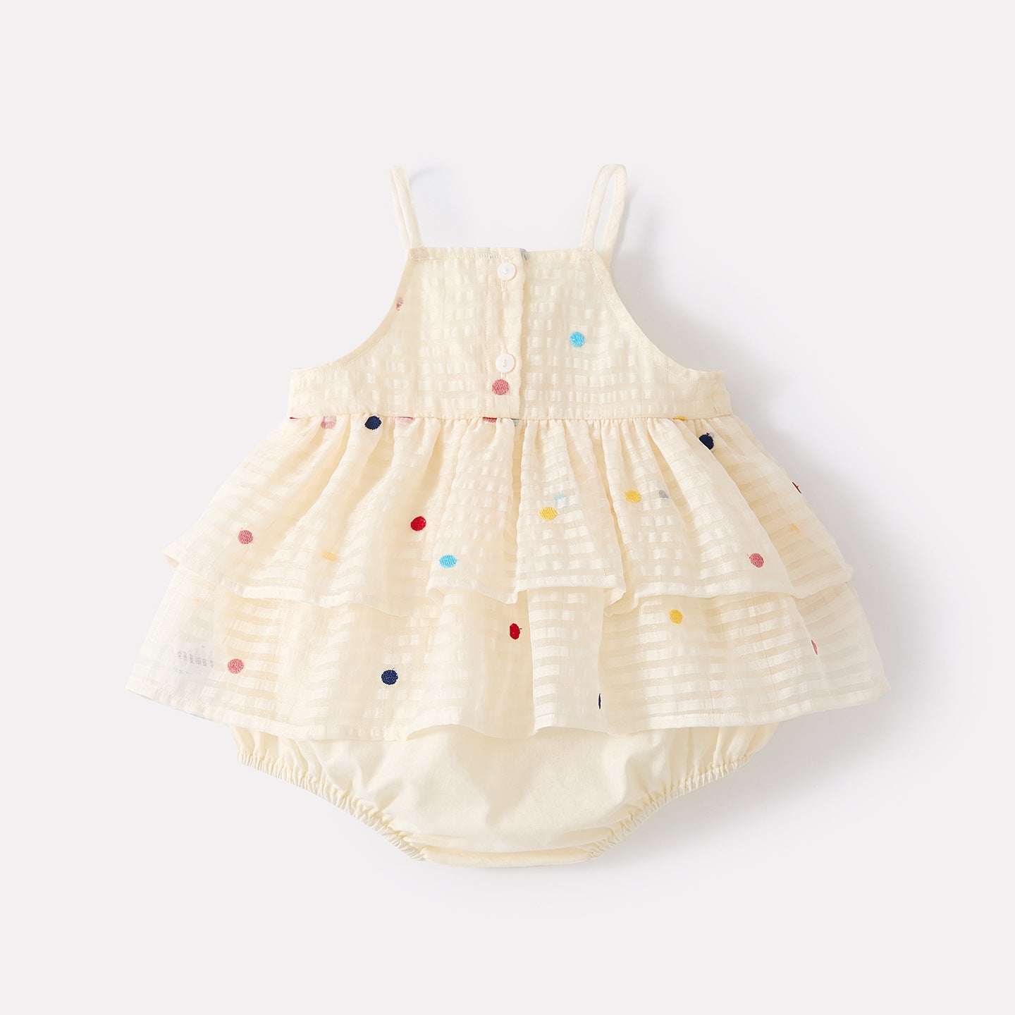 Sweet Patchwork Polka Dot Strap Romper for Girls, Casual Breathable One-Piece Crawler
