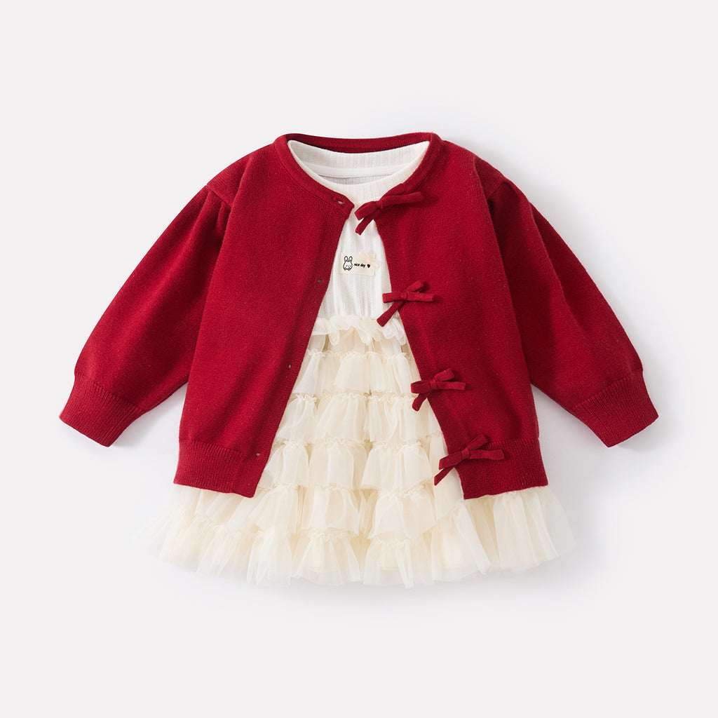 Tulle Long Sleeve Cake Dress for Baby Girls Knit Cardigan Two-Piece Set