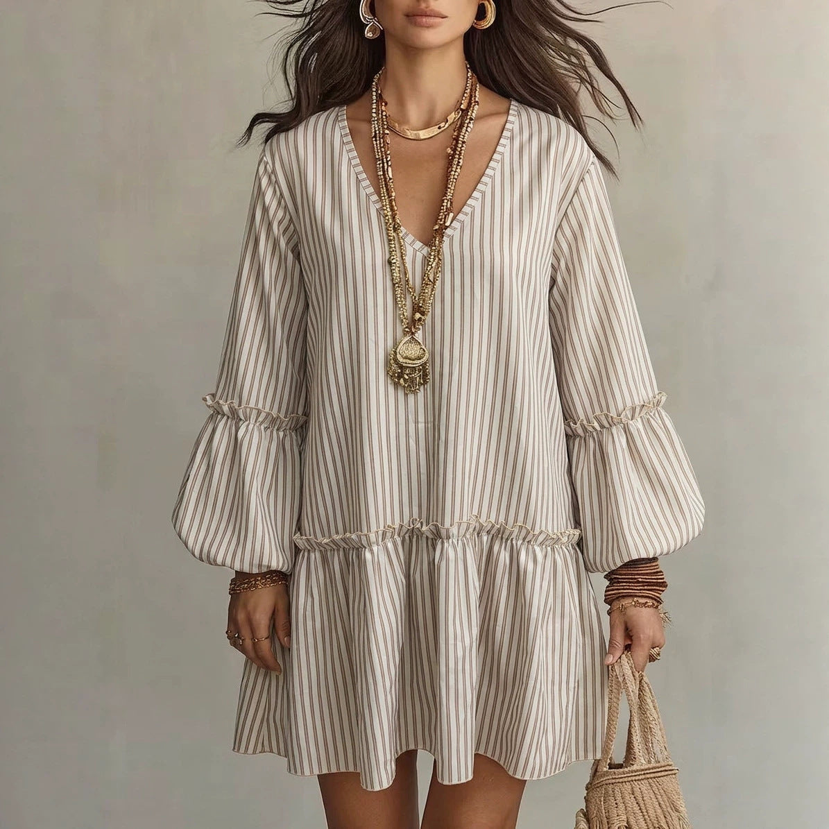 Style Autumn New Women's Long Sleeve Dress Stripe Print V-Neck Lantern Sleeve Loose Mini Dress