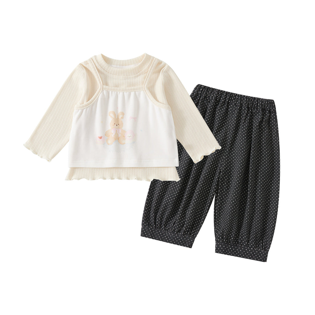 Simple Solid Color Top with Cartoon Strap Loose Polka Dot Cuffed Pants 3-Piece Set