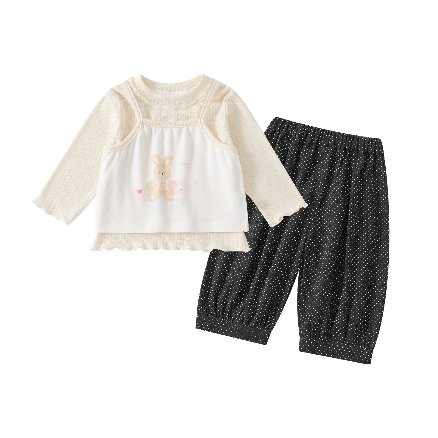 Simple Solid Color Top with Cartoon Strap Loose Polka Dot Cuffed Pants 3-Piece Set