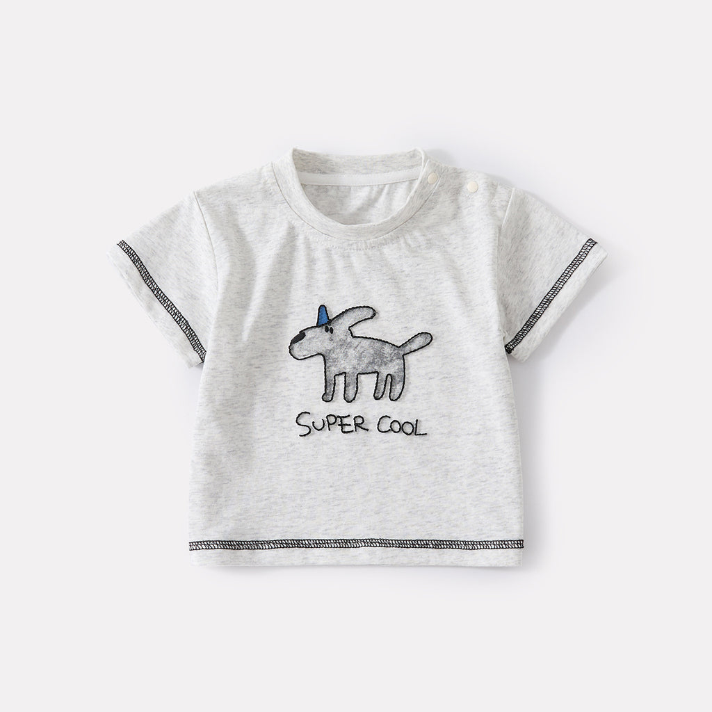 Cartoon Dog Embroidered Short Sleeve Top and Casual Breathable Denim Pants Two-Piece Set for Baby Boys