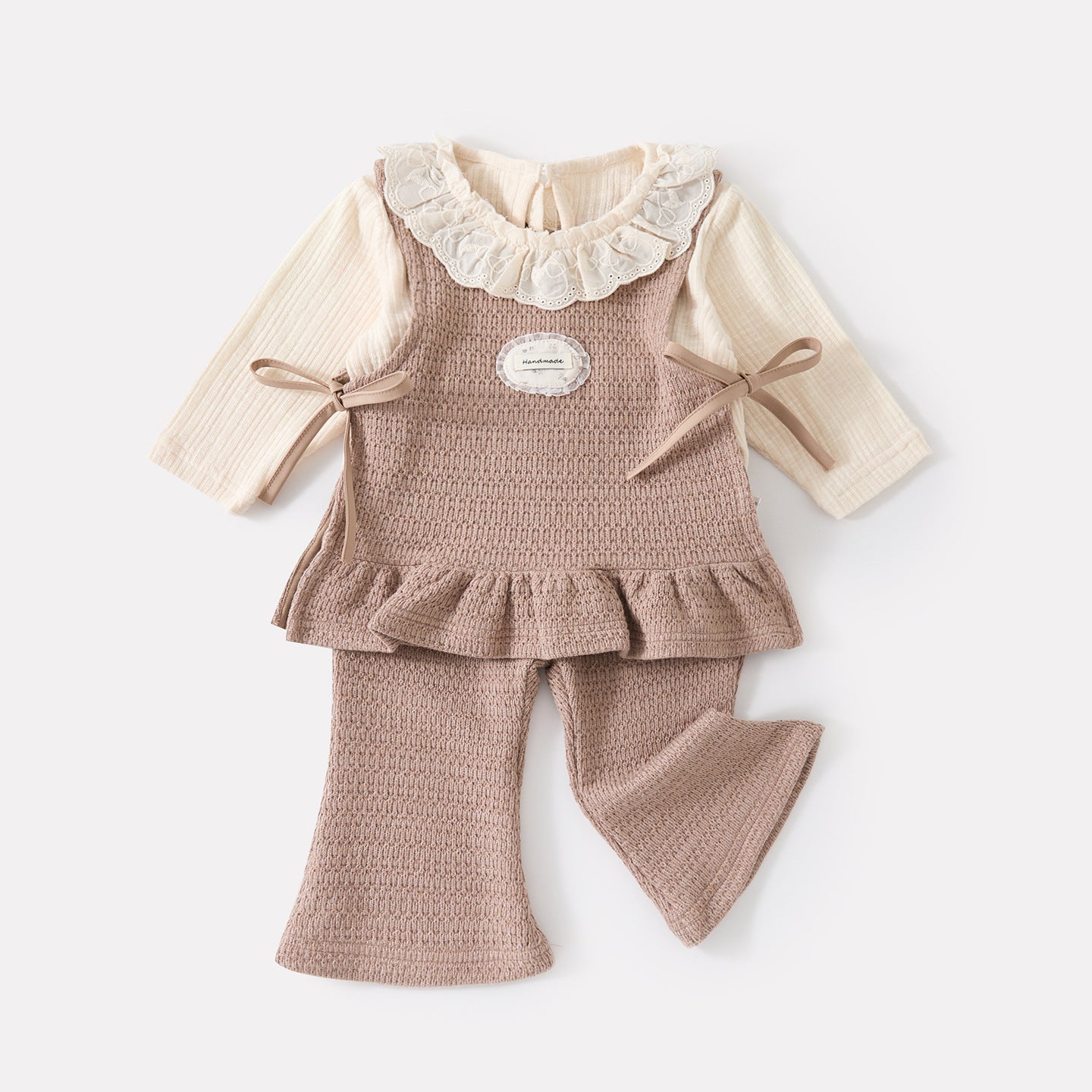 Ruffled Collar Bodysuit, Casual Simple Sleeveless Top and Flared Pants 3-Piece Set