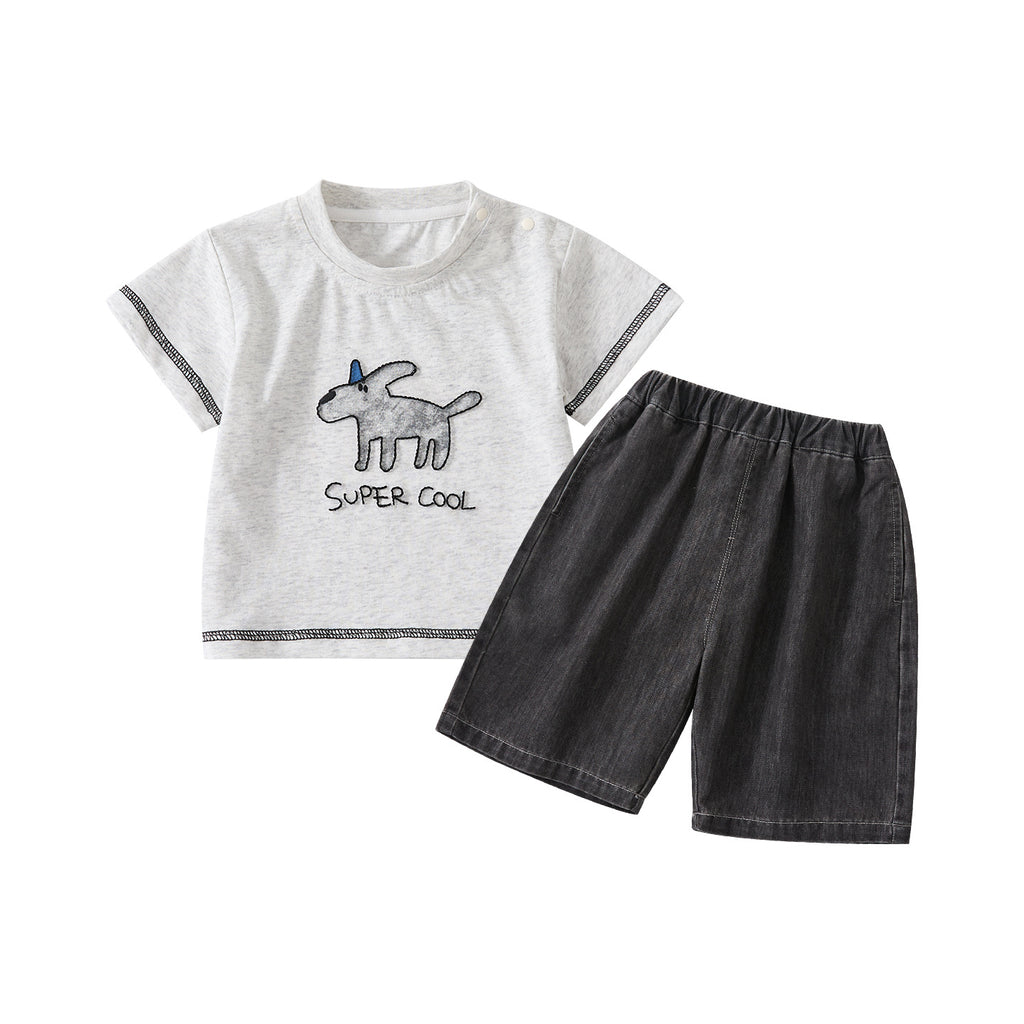 Cartoon Dog Embroidered Short Sleeve Top and Casual Breathable Denim Pants Two-Piece Set for Baby Boys