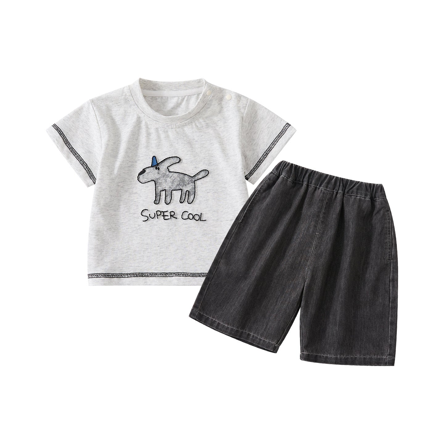 Cartoon Dog Embroidered Short Sleeve Top and Casual Breathable Denim Pants Two-Piece Set for Baby Boys