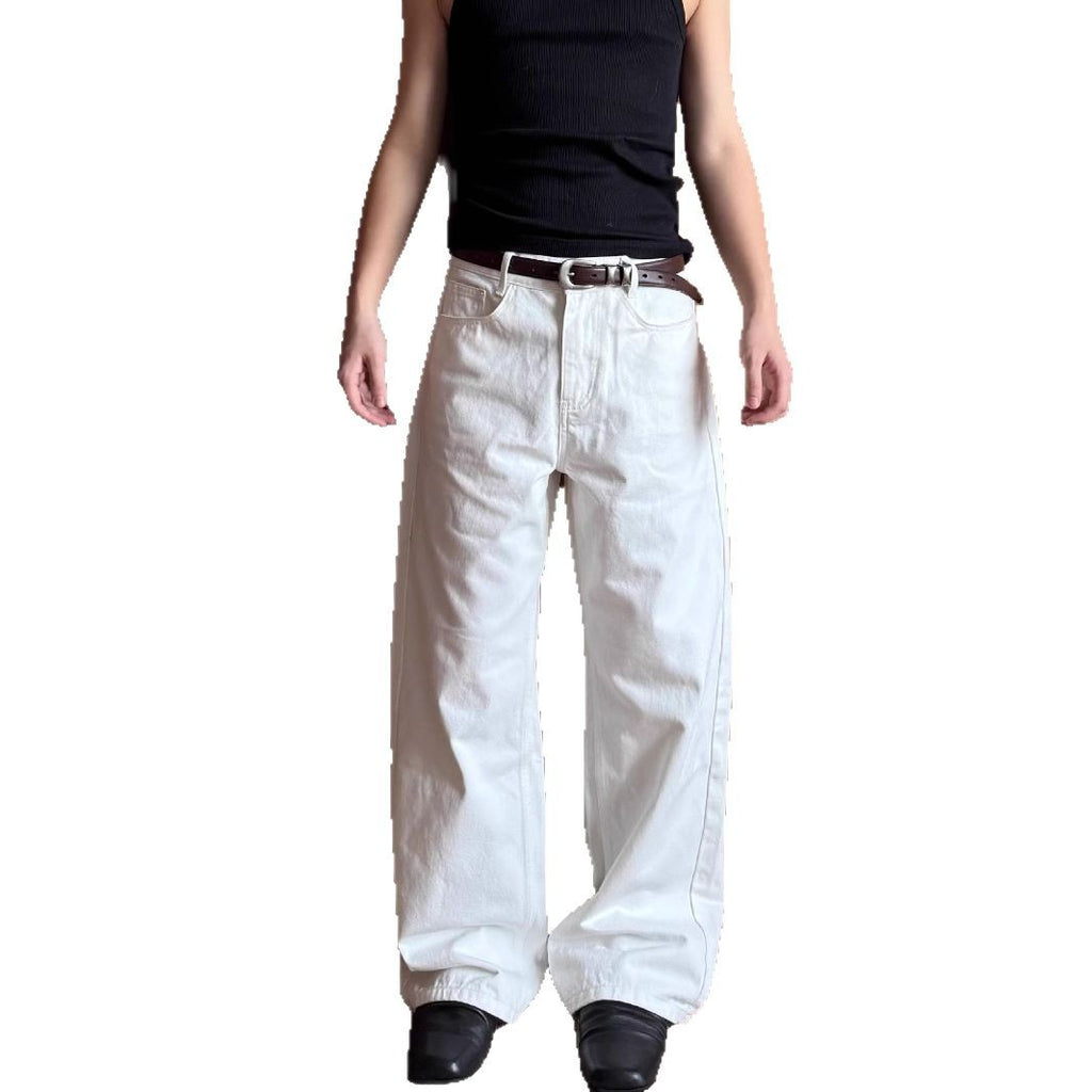 American Retro Minimalist White Loose Jeans Unisex Trendy Relaxed Straight Leg Wide Leg Casual Pants