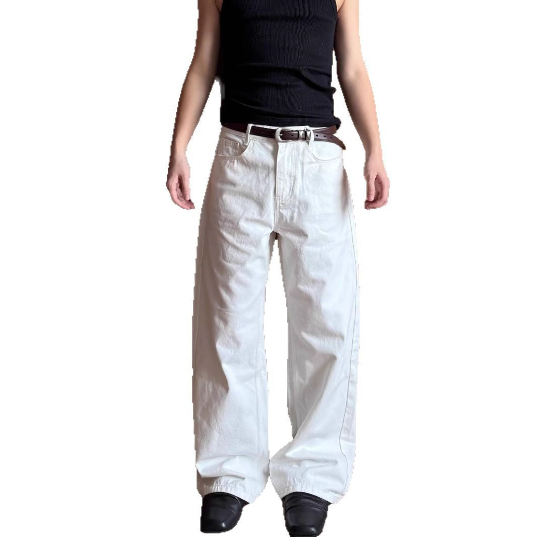 American Retro Minimalist White Loose Jeans Unisex Trendy Relaxed Straight Leg Wide Leg Casual Pants