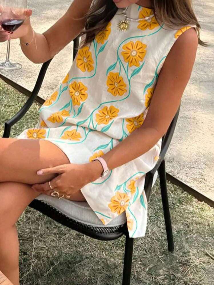 Fashionable Pink Floral Round Neck Sleeveless Vest Dress for Women Casual Summer Style