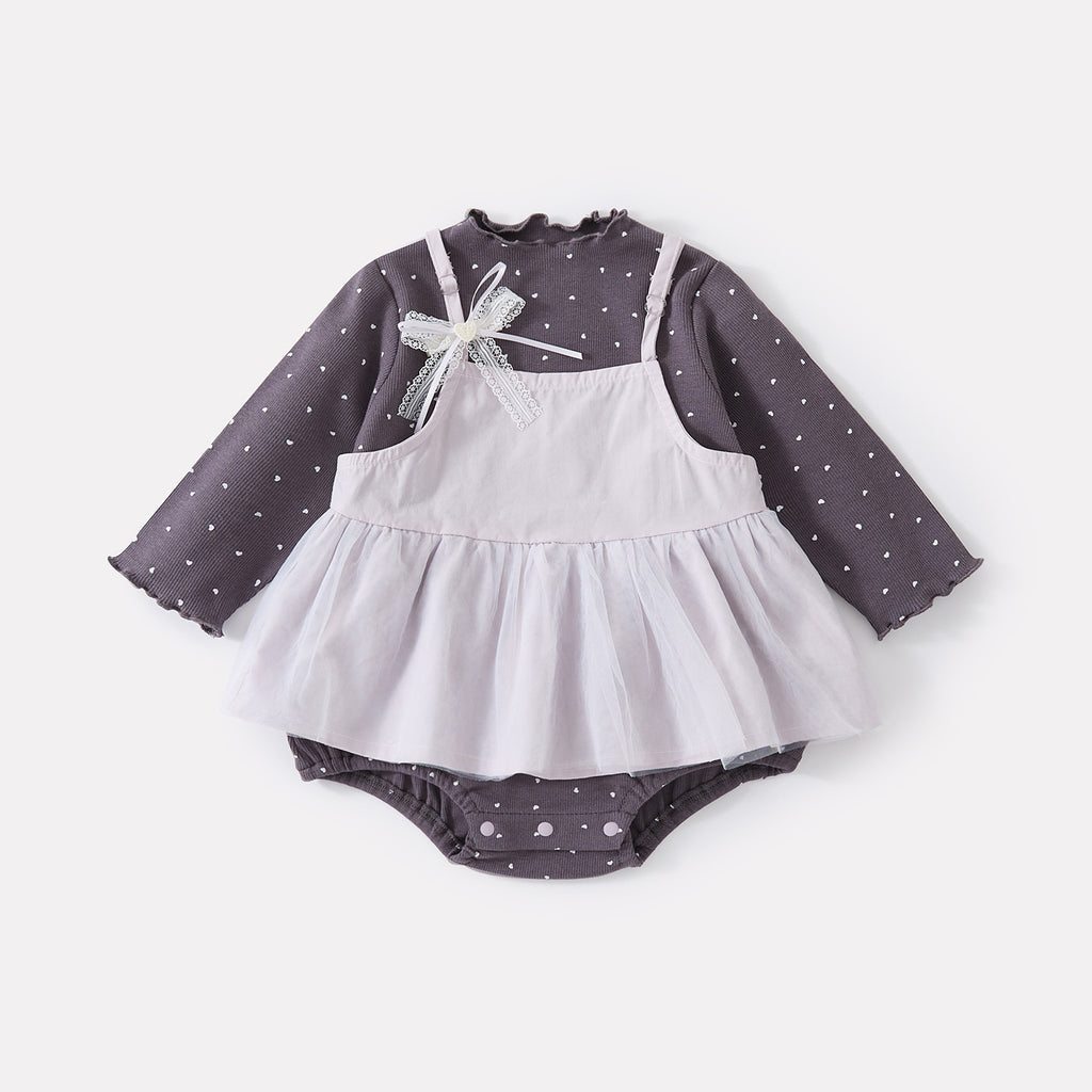 Cute Heart Knit Romper Sweet Lace Bow Sleeveless Dress Two-Piece Set