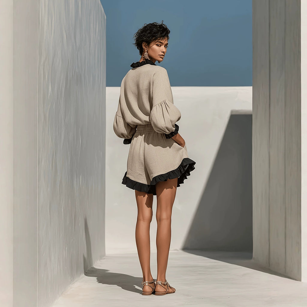 Ruffled Linen Two-piece Set Round Neck Lantern Sleeve Top with High Waist Pocket Shorts