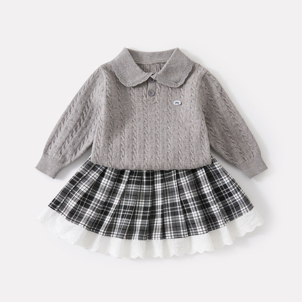 Turn-Down Collar Sweater and Plaid Lace Trim Pleated Skirt Set for Baby Girls