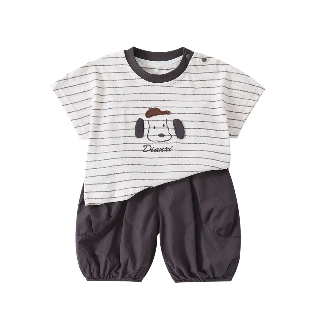 Cartoon Embroidered Stripe Short Sleeve Outfit with Breathable Mosquito-Resistant Pants, Stylish Two-Piece Set