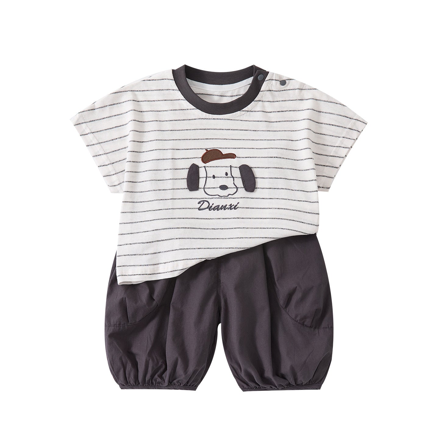 Cartoon Embroidered Stripe Short Sleeve Outfit with Breathable Mosquito-Resistant Pants, Stylish Two-Piece Set