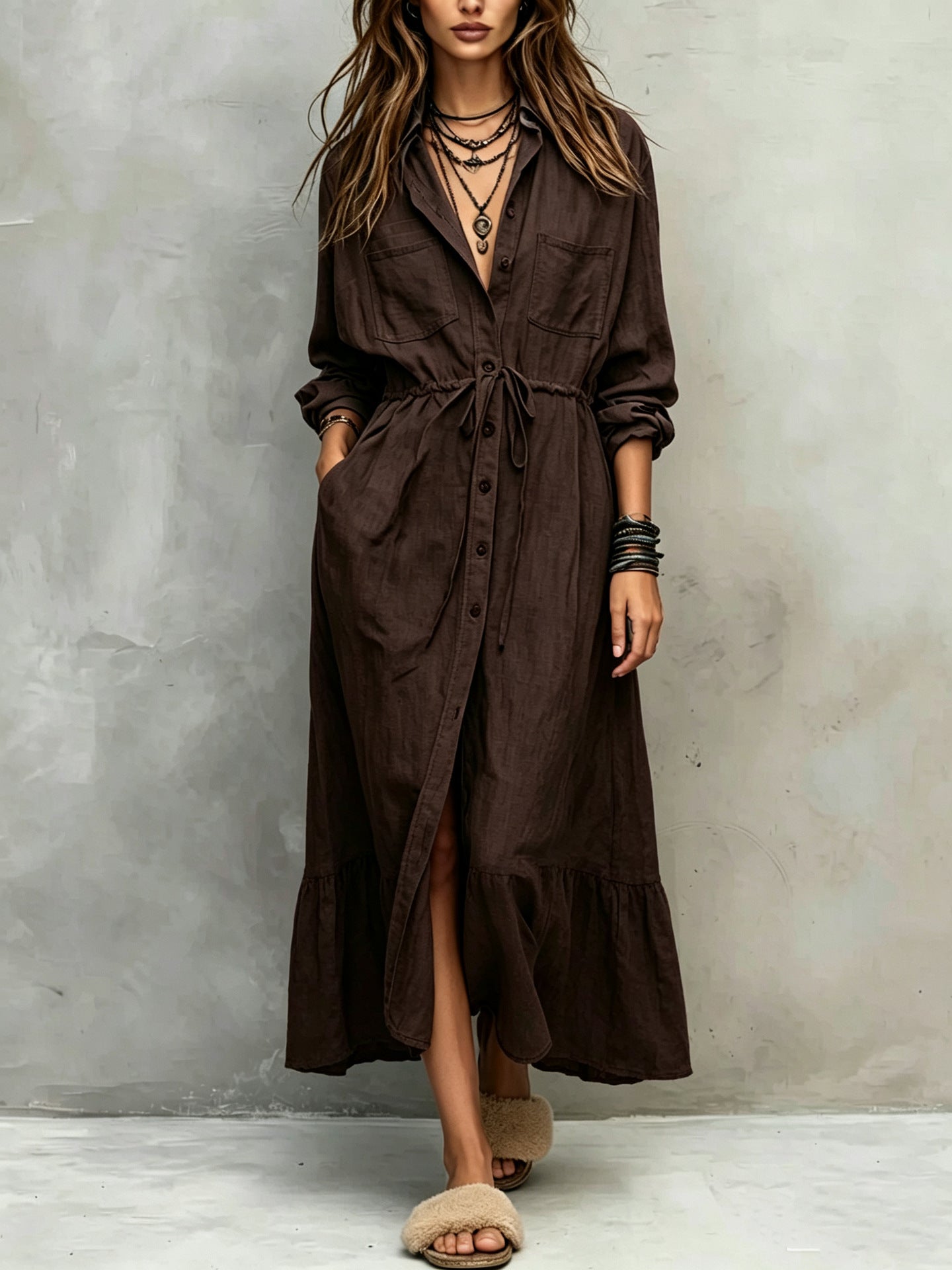 Spring and Autumn Casual Drawstring Waist Shirt Dress Loose Style for Women