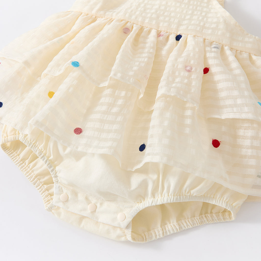 Sweet Patchwork Polka Dot Strap Romper for Girls, Casual Breathable One-Piece Crawler