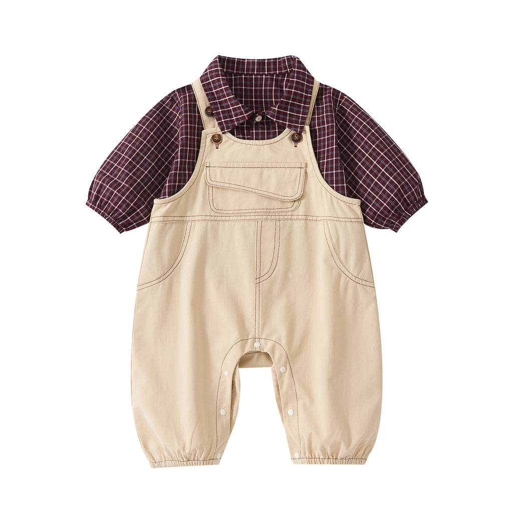 Casual Simple Plaid Shirt Baby Open Crotch Elastic Cuff Overalls Two-Piece Set