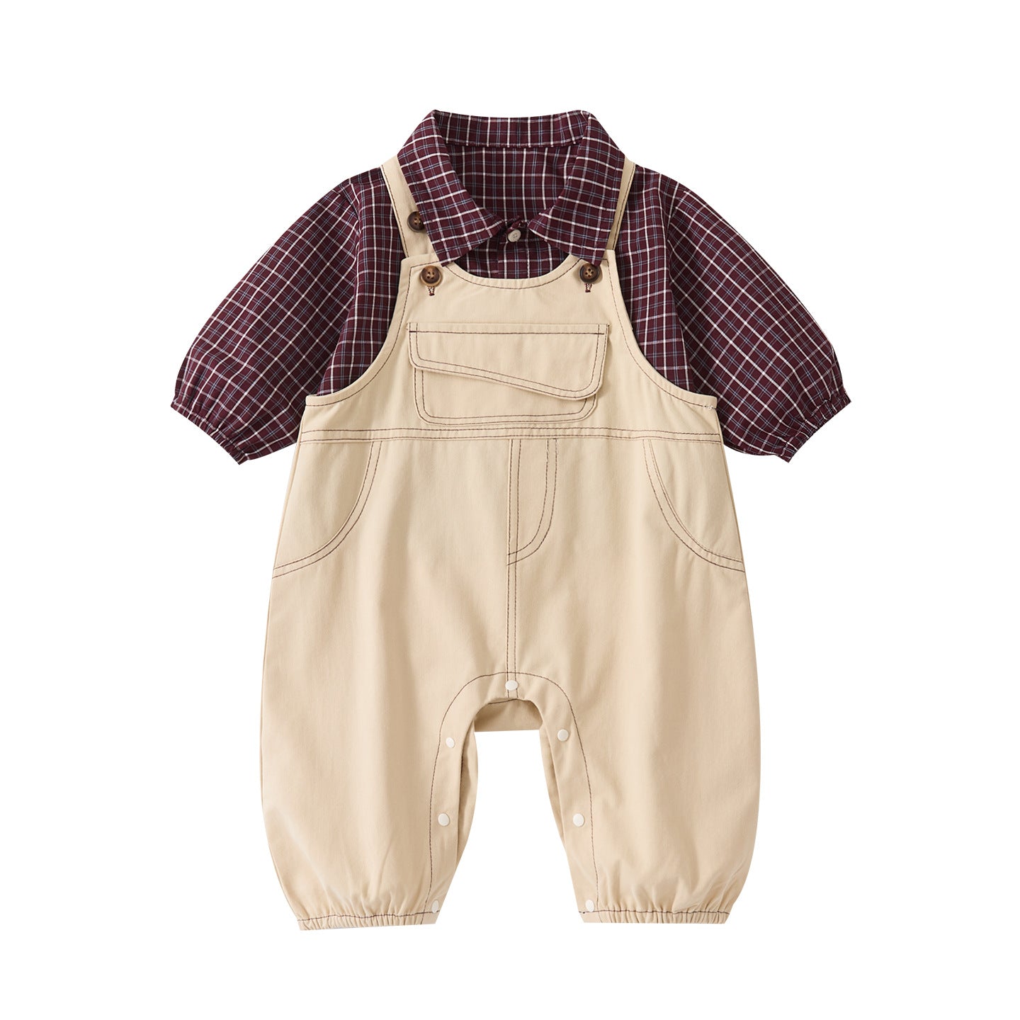 Casual Simple Plaid Shirt Baby Open Crotch Elastic Cuff Overalls Two-Piece Set