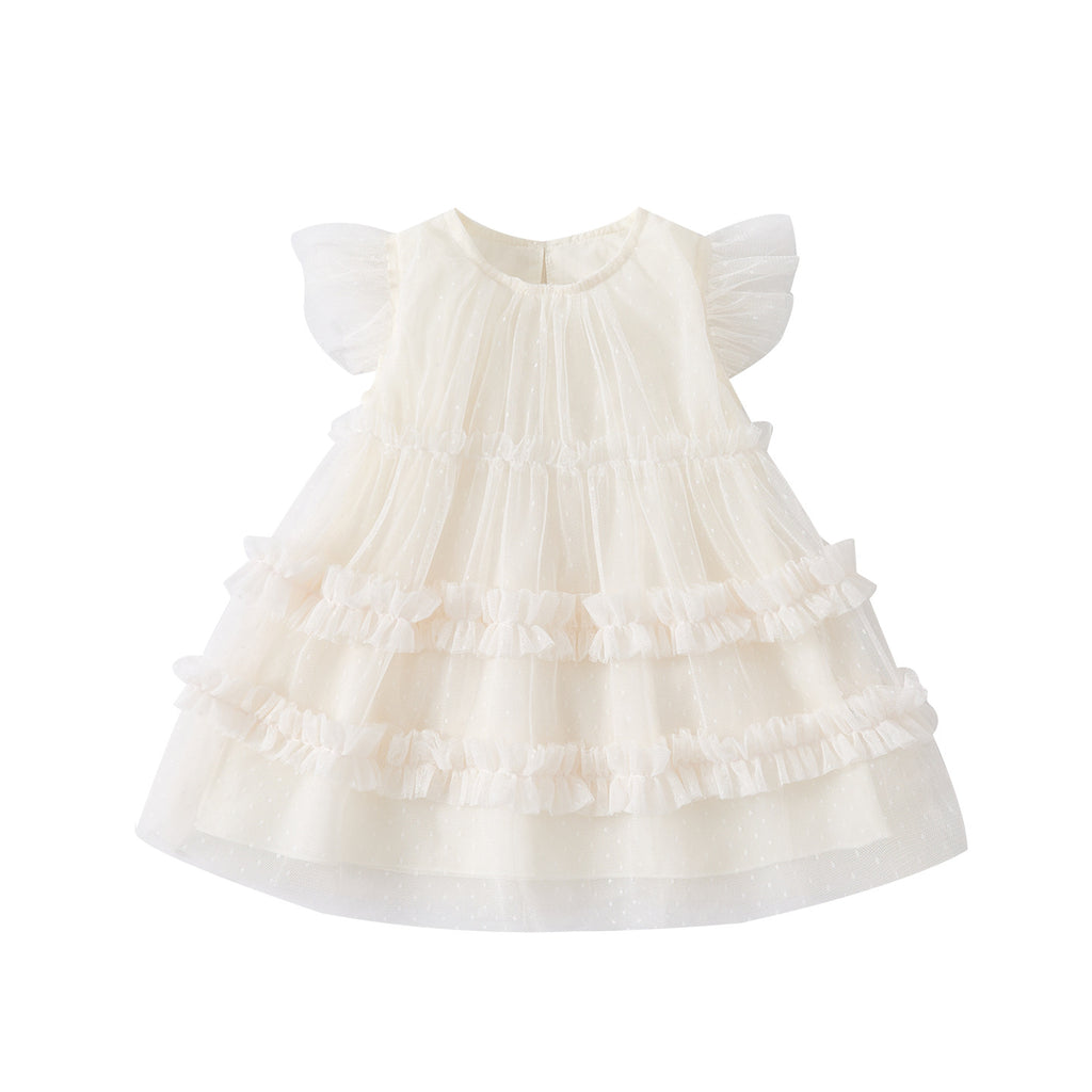 Layered Tulle Dress with Flutter Sleeves for Girls, Simple and Sweet Sleeveless Summer Dress, Breathable and Lightweight