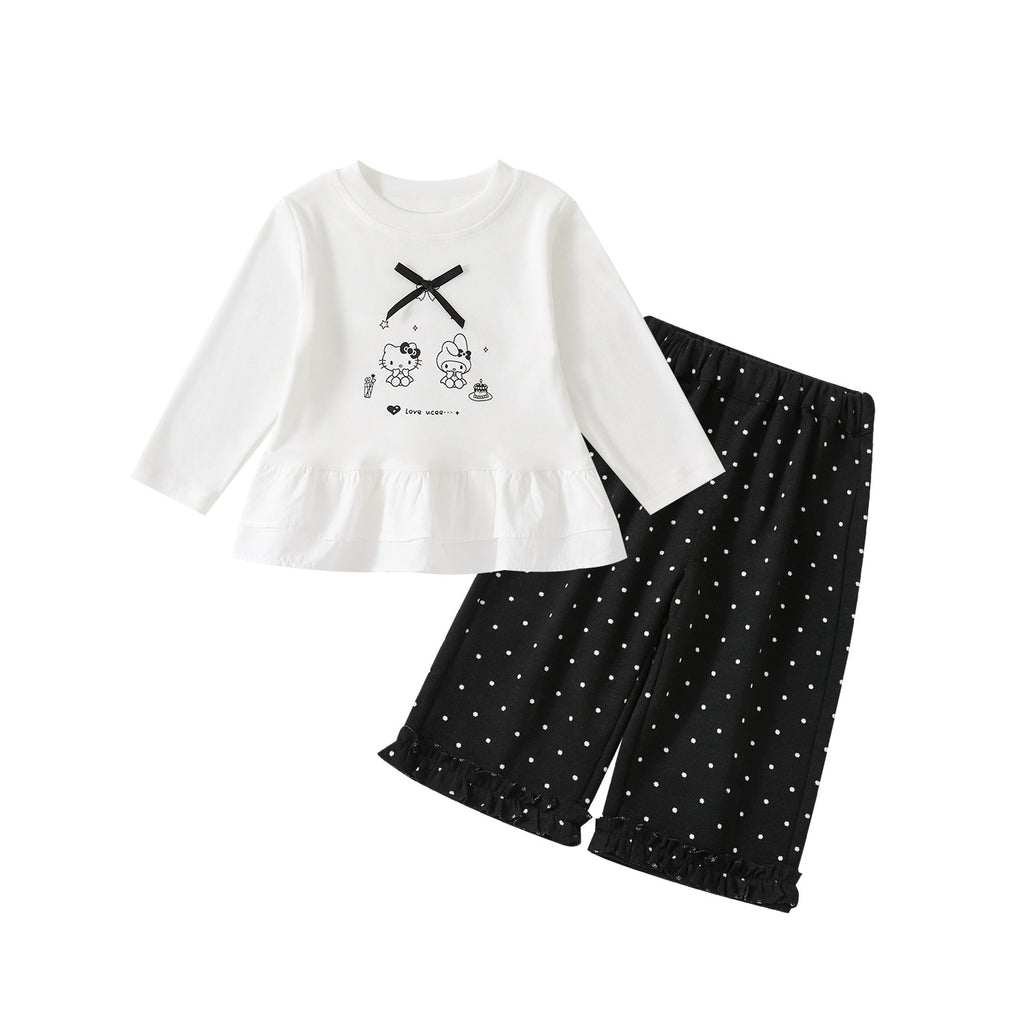 Cartoon Print Long Sleeve T-Shirt with Polka Dot Ruffled Straight Pants Two-Piece Set