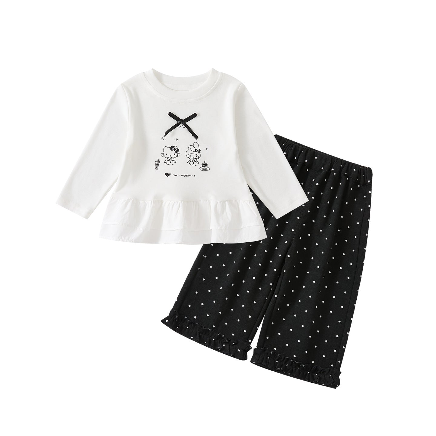 Cartoon Print Long Sleeve T-Shirt with Polka Dot Ruffled Straight Pants Two-Piece Set
