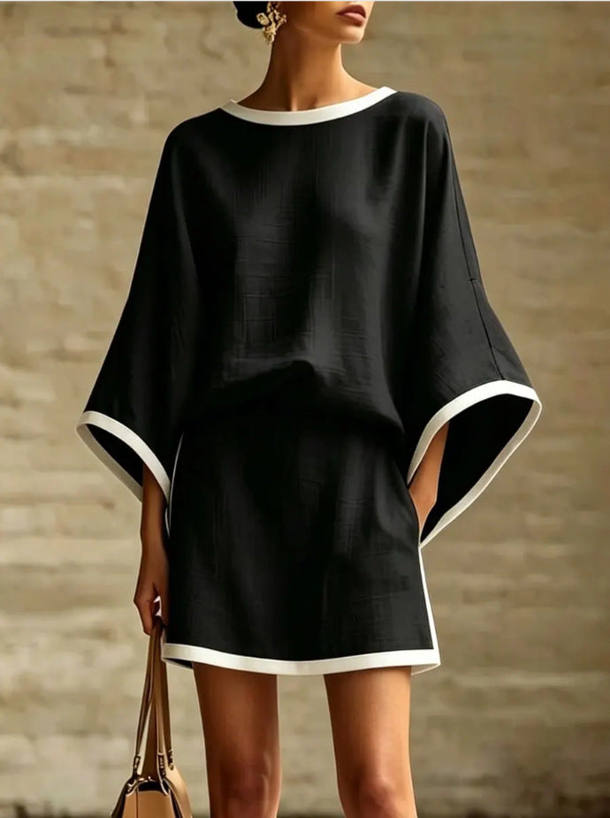 Cotton Linen Casual Batwing Sleeve Top and Skirt Two-Piece Set for Women