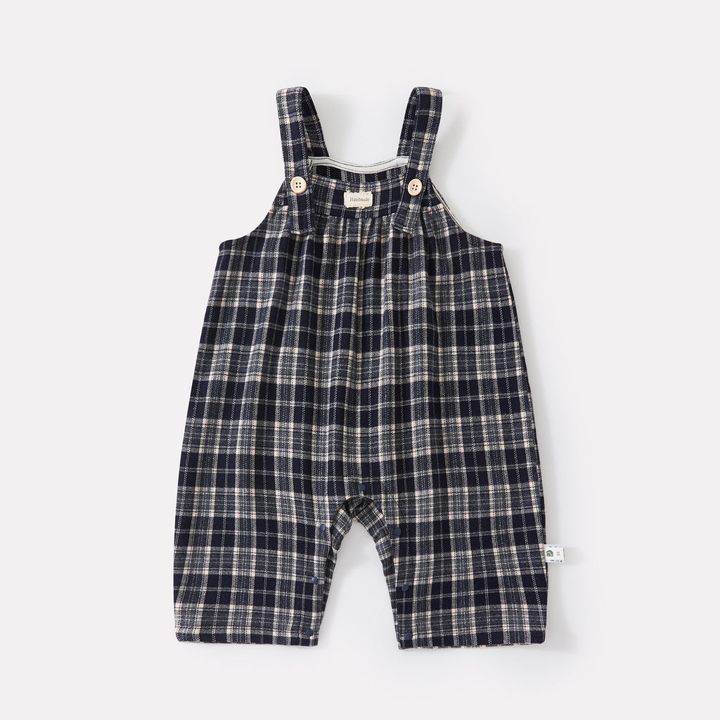 Simple Leaf Collar Knit Bodysuit for Baby Girls Plaid Overalls Two-Piece Set