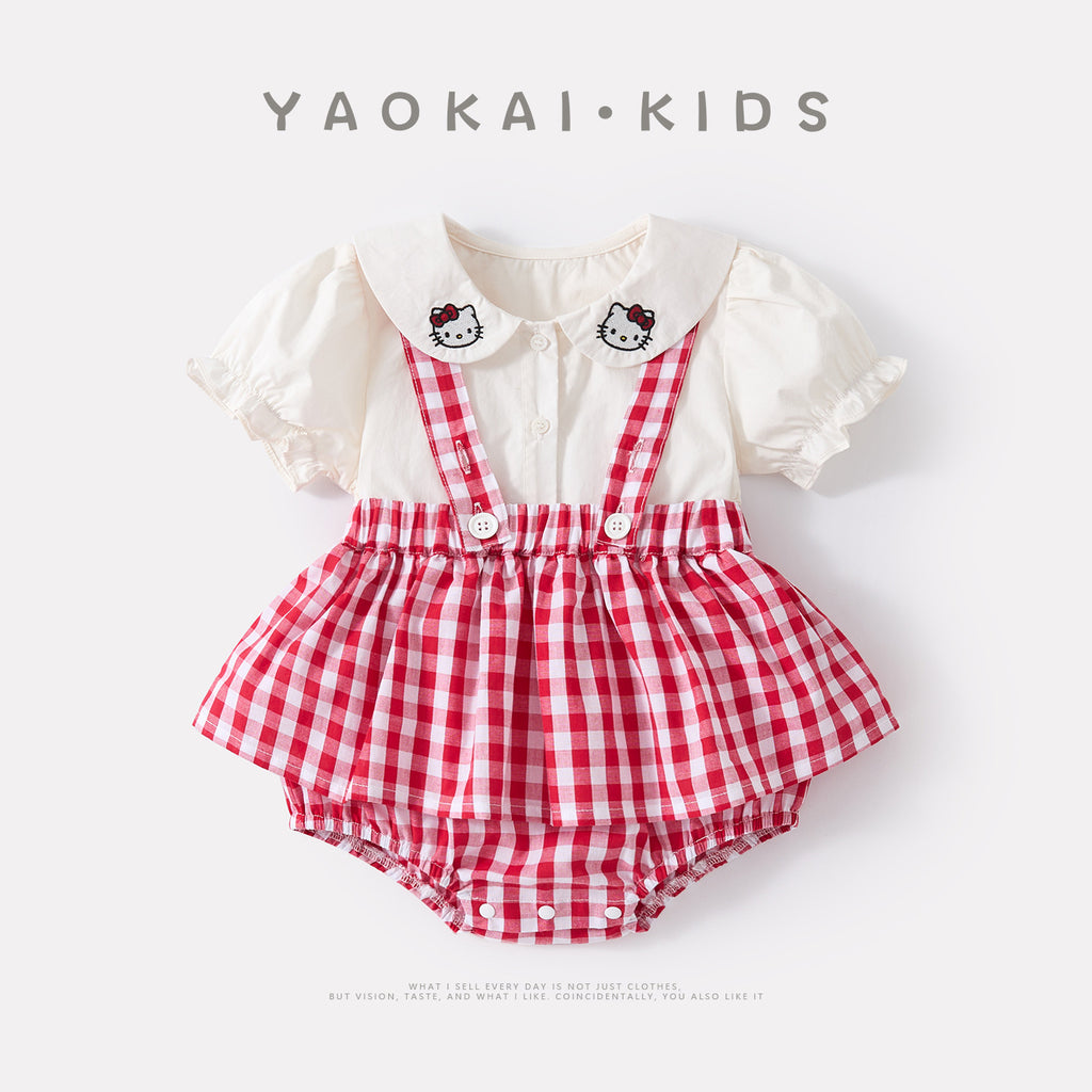 Baby Doll Collar Cartoon Embroidered Cat Short Sleeve Infant Plaid Overall Romper Two-Piece Set